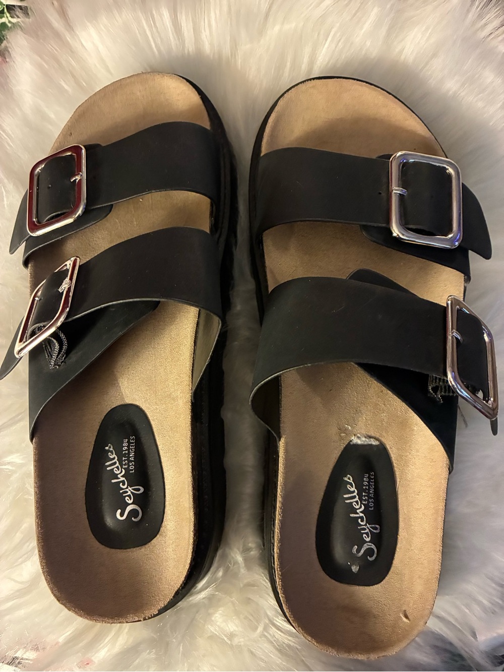 Seychelles Black Double-Buckle Slide Sandals